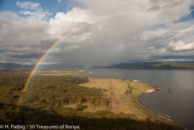 Rainbow over Lake Nakuru and the big fever tree forest on its Western shores.